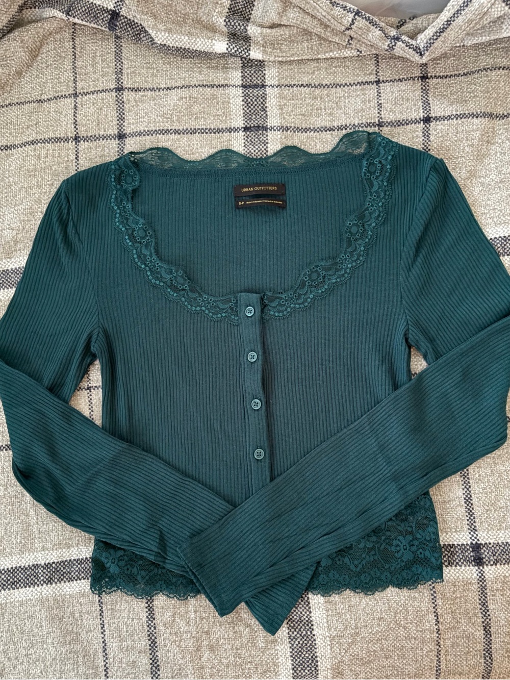 Urban Outfitters Teal Lace-Trim Ribbed Button-Front Cardigan S